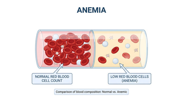 Medical illustration comparing normal red blood cell count and anemia composition