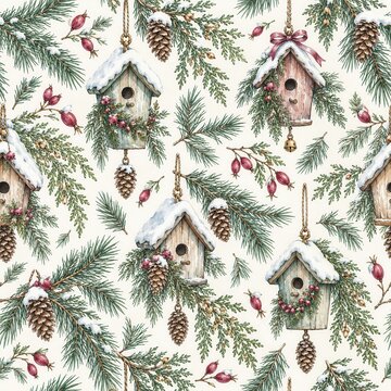 Winter Holiday Birdhouses and Pinecones Seamless Pattern