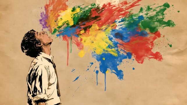 Man expressing creativity with colorful paint splash