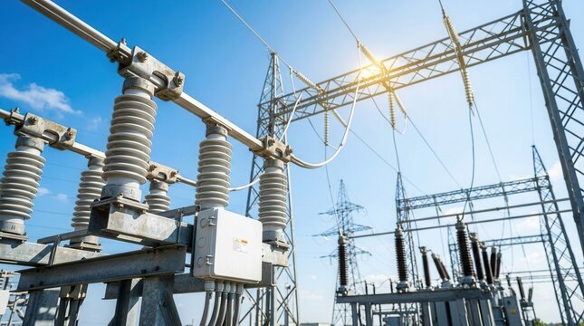 Tall steel portals, suspended insulator strings, and connecting conductors of an electric power substation under a bright sky in a clean wide frame.