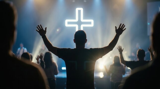 A Christian worship concert where a group of people pray to God and sing praise.