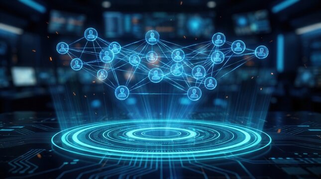 Glowing AI agent icons orchestrating tasks across content, chat, and data calls in a floating hologram composition above a bright platform.