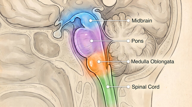 Detailed diagram of human brain anatomy showing the midbrain, pons, and medulla