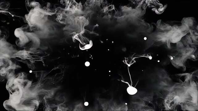 Exploding white powder particles with smoke trails during a dynamic expansion against a black backdrop