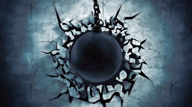 Wrecking ball demoslishes the wall. 3D illustration