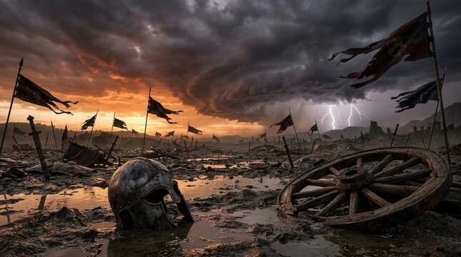 A dramatic historical scene of an ancient battle aftermath on marshland with lightning and sunset over the battlefield after war.