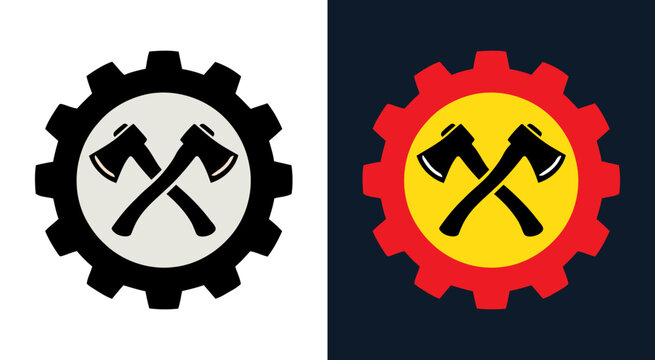 Crossed Lumberjack Axes Gear Industrial Logo Vector Icon
