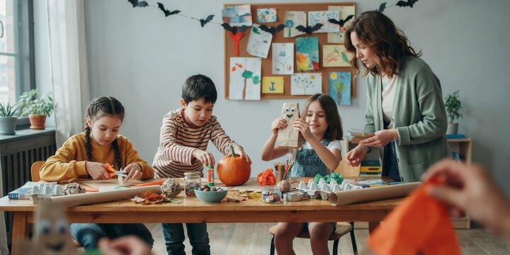 Teacher and children crafting halloween decorations in a classroom, happy halloween, halloween celebration theme