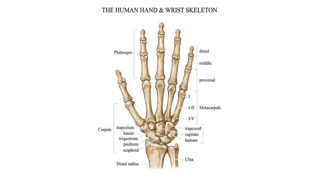 Anatomy diagram of the human hand and wrist skeleton with labels