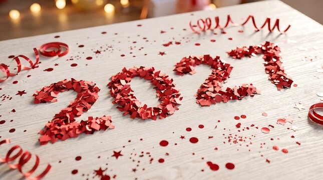 Year 2027 celebration background with red confetti numbers on wooden white table surface