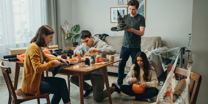 Group of friends making halloween decorations at home together, happy halloween, halloween celebration theme