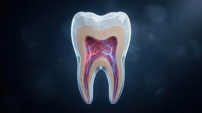 Anatomical structure of a human tooth with a detailed transparent rendering of the nerves and pulp