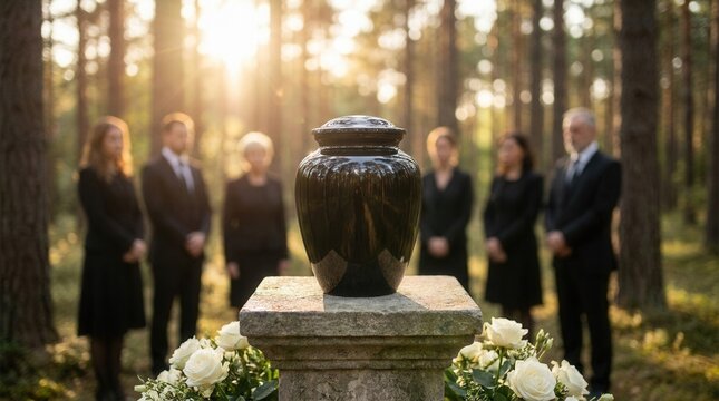 Sunset memorial ceremony with a black ceramic cremation urn placed on a pedestal.