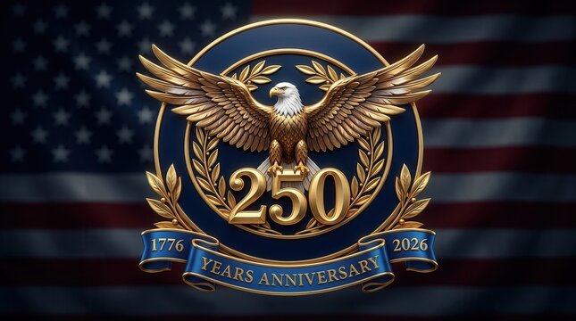 Commemorative US semiquincentennial 250 years anniversary emblem with golden bald eagle, 1776-2026 dates, and dark flag background.
