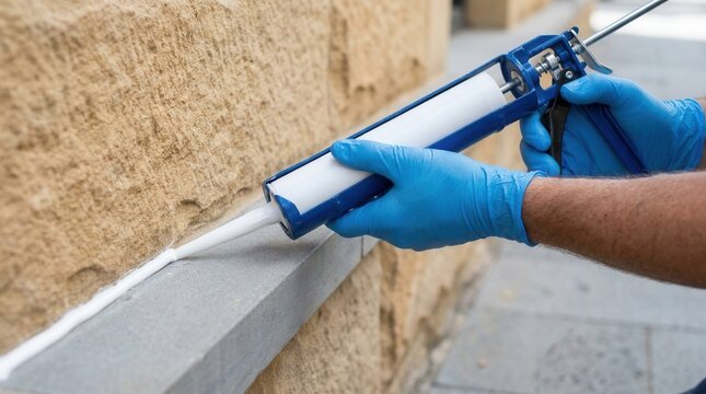Weatherproofing a building exterior by using a caulk gun to apply sealant, performed by a person in blue gloves.