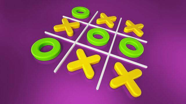 Tic tac toe game isolated on purple background. 3D illustration