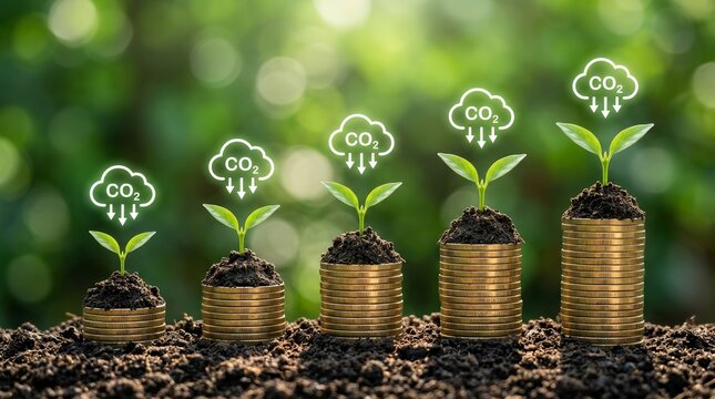 Green plants growing on stacks of coins to represent carbon credit and business profit.