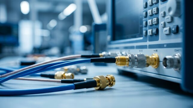 Electronic test equipment with RF connectors and multiple cables on a lab table.