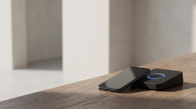 Sleek smartphone charging wirelessly on a modern black pad with glowing blue indicator light placed upon a textured wooden surface