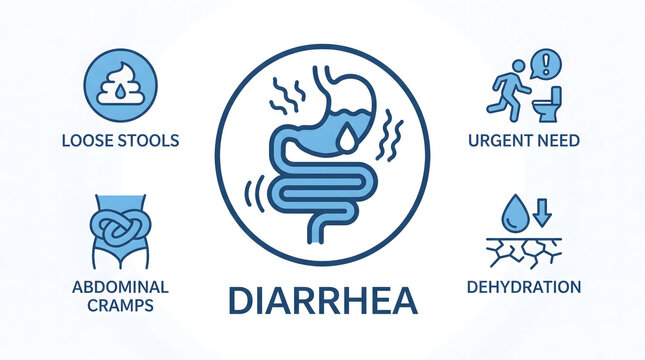 Medical vector diagram showing symptoms of diarrhea with labeled icons
