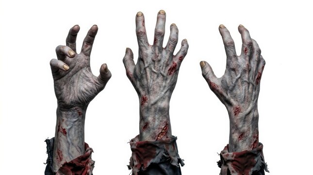Demonic zombie limbs and horror monster hands isolated on a white background