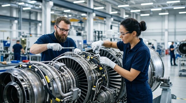 Aircraft mechanics team performing maintenance and quality control on a jet engine assembly.