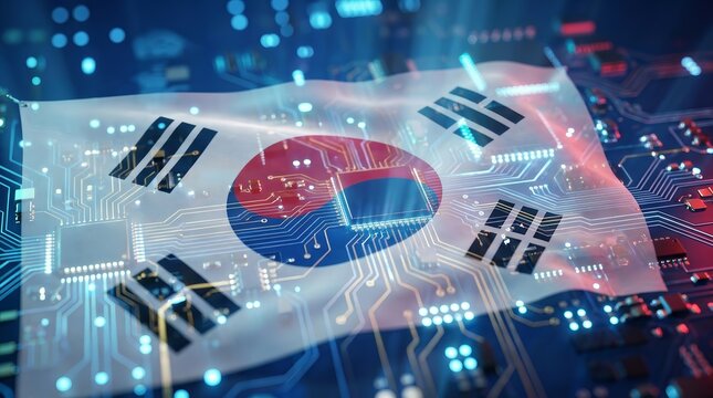 South Korea flag overlay on a blue microelectronics digital board.