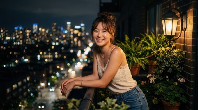 A woman in a cream camisole leaning forward with a smile on a night balcony illuminated by a wall lamp