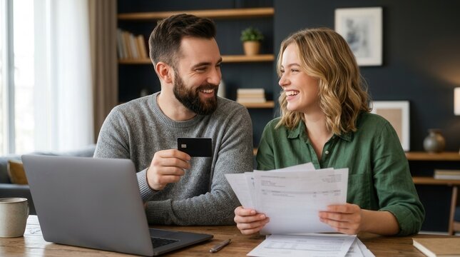 Family web budget and tax calculation with a happy smiling young couple paying bills online via laptop and credit card.