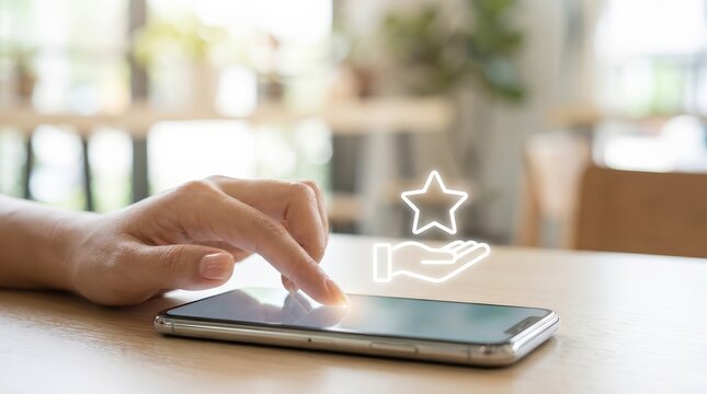 Customer redeeming loyalty reward points using a smartphone with a digital star icon.