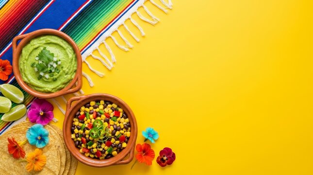 Traditional Cinco de Mayo backdrop with colorful serape and Mexican food.