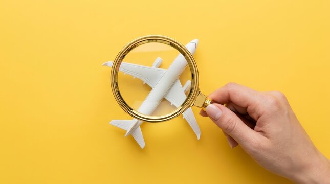 A woman uses a magnifying glass to examine a passenger plane for aviation safety inspections.
