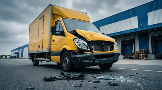 A damaged yellow delivery truck with a broken front bumper parked near a warehouse entrance.