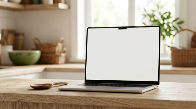 Open laptop with a blank screen on a wooden desk in a kitchen home office.