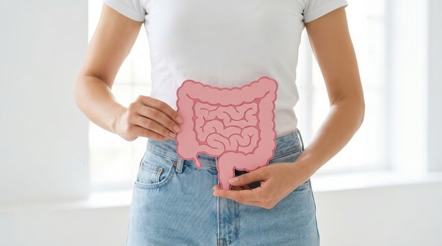 A woman holding a pink intestine model to represent gut health and healthy bowel digestion.