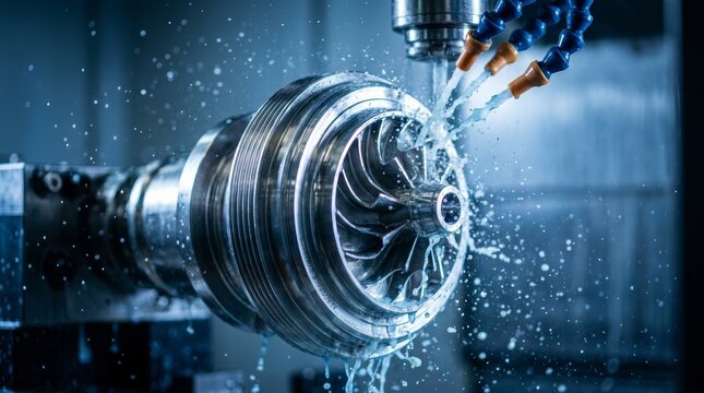 Coolant jets spraying during fiveaxis machining of a delicate rocket turbopump component.