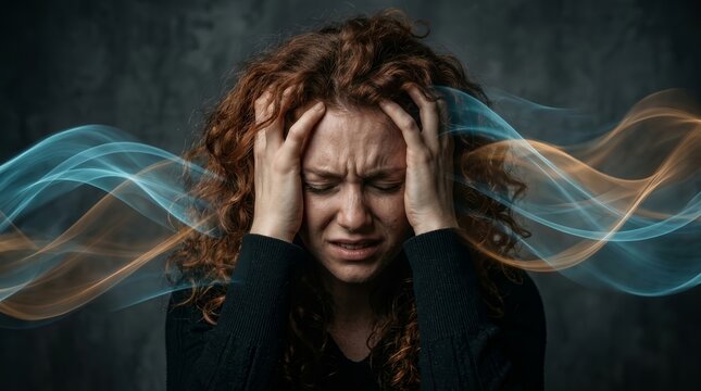 A woman holds her head in distress, visualizing intrusive memory and anxiety through an abstract wave overlay.