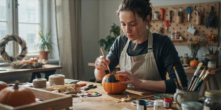 Young woman painting a small pumpkin with a witch hat design in a cozy craft studio, happy halloween, halloween celebration theme