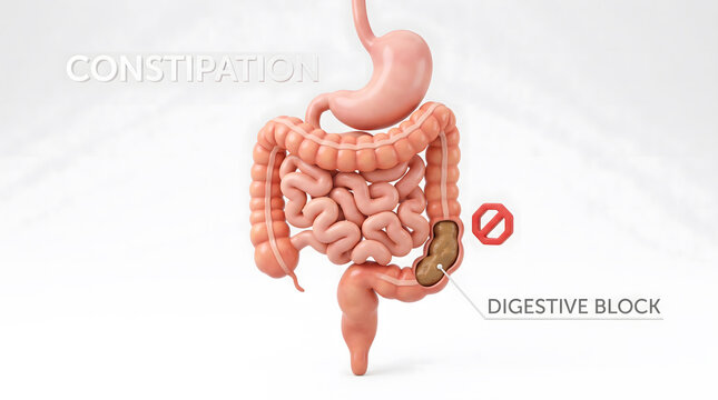 3D illustration representing constipation and digestive block in human body