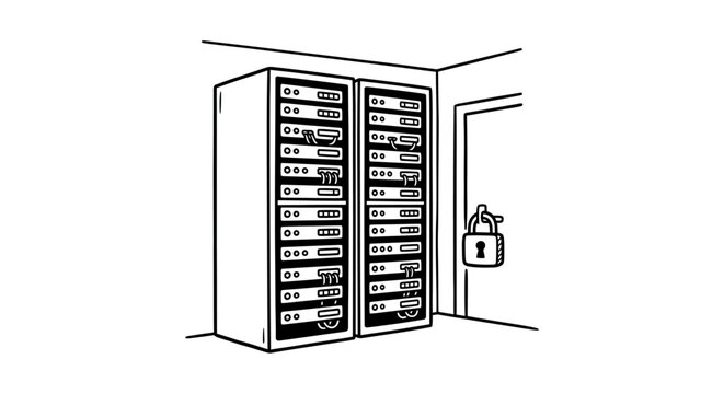 Industrial Black and White Line Drawing of a Secure Server Rack with Locked Door for Data Center
