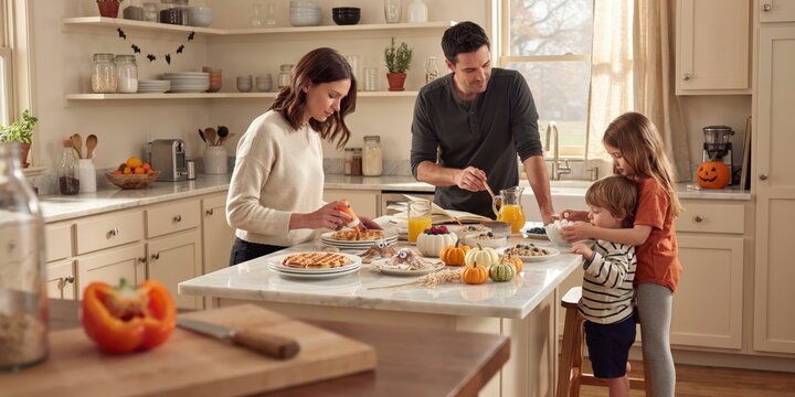Family preparing a festive halloween breakfast in a bright kitchen, happy halloween, halloween celebration theme