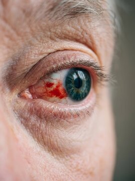 "Close-Up of Elderly Eye with Subconjunctival Hemorrhage and Blue-Green Iris"