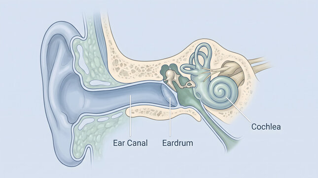 Anatomical cross section diagram of the human ear showing ear canal and cochlea