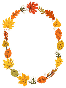 Autumn oval wreath with maple leaves and white berry branches circles open copy space center. Oak foliage fills gaps between leaves. Warm orange and yellow tones fit cards, posters and social posts