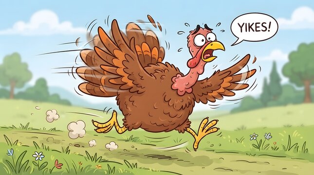 A cartoon turkey runs in panic fleeing thanksgiving dinner and certain doom
