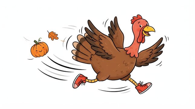 A cartoon turkey running quickly possibly escaping thanksgiving dinner preparations