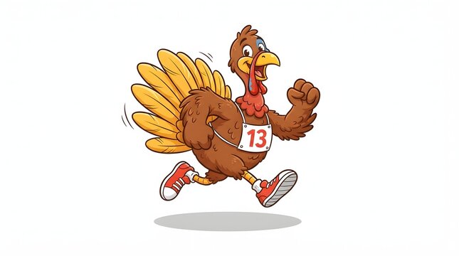 A festive running turkey cartoon character celebrating the joyful thanksgiving holiday season