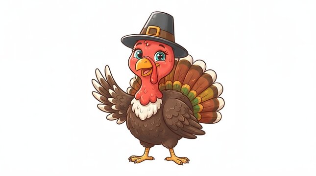 A festive cartoon turkey wearing a pilgrim hat for thanksgiving celebration