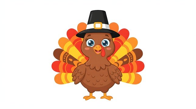 A charming cartoon turkey wearing a pilgrim hat for a happy thanksgiving celebration