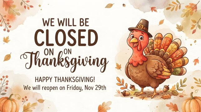 A festive thanksgiving turkey cartoon illustration announcing a holiday closure for businesses